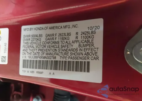 2021 Acura Tlx Technology Package z USA, uszkodzony, nr VIN 19UUB6F4XMA002798